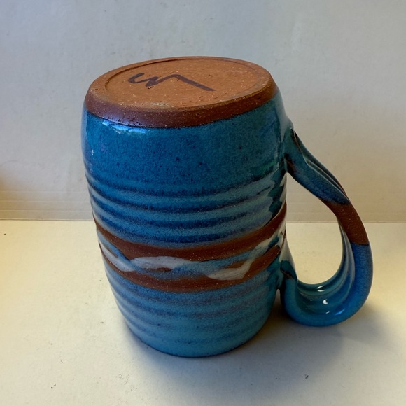 Handcrafted Hand Thrown Blue Brown and White Ceramic Redware Coffee Cup Mug - Picture 7 of 10